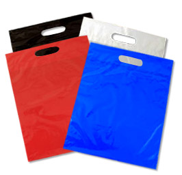 Diecut Handle Plastic Bag, available in stock with different colours. Custom your bag for your store! Print your logo today!!!